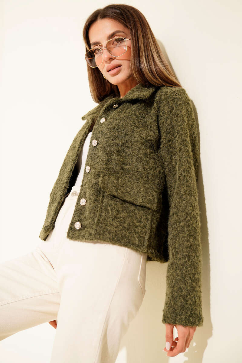 Short Shirt-Collar Felt Jacket with Pockets - Khaki