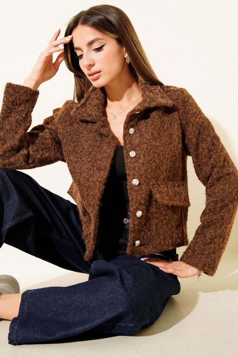 Short Shirt-Collar Felt Jacket with Pockets - Brown
