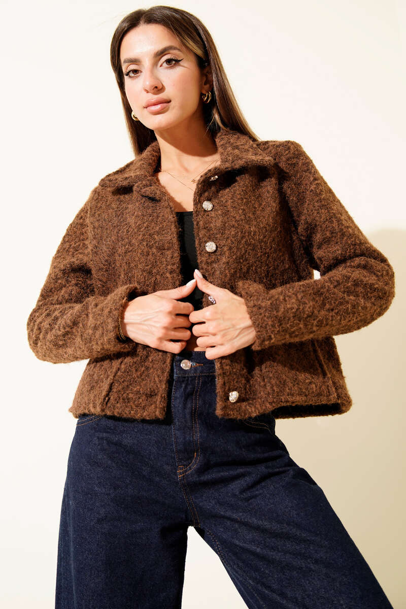 Short Shirt-Collar Felt Jacket with Pockets - Brown