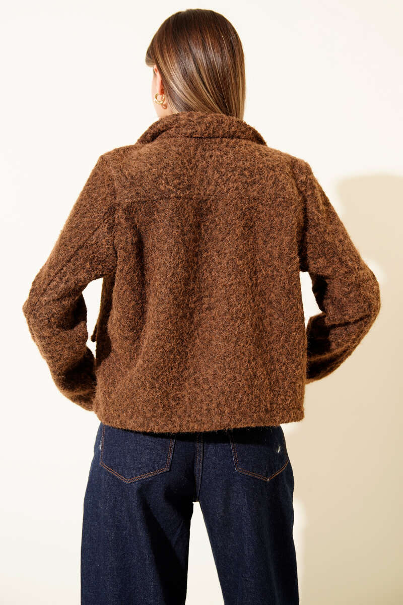 Short Shirt-Collar Felt Jacket with Pockets - Brown