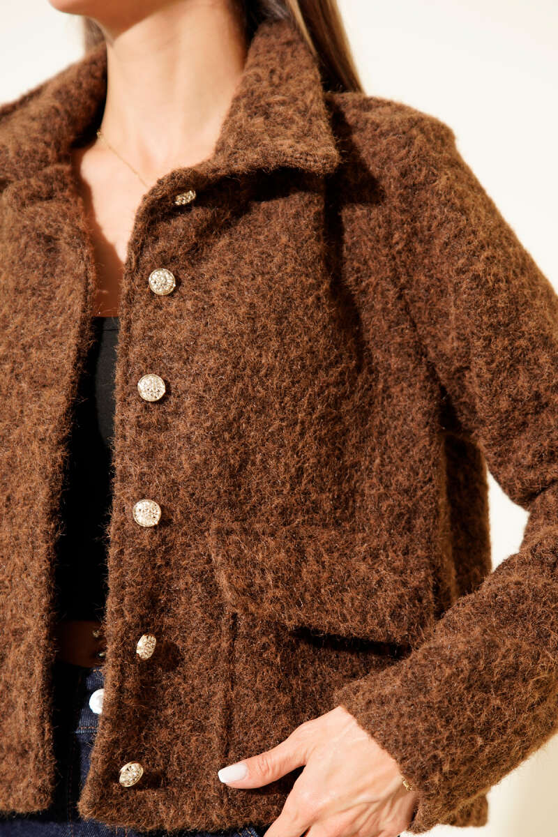 Short Shirt-Collar Felt Jacket with Pockets - Brown