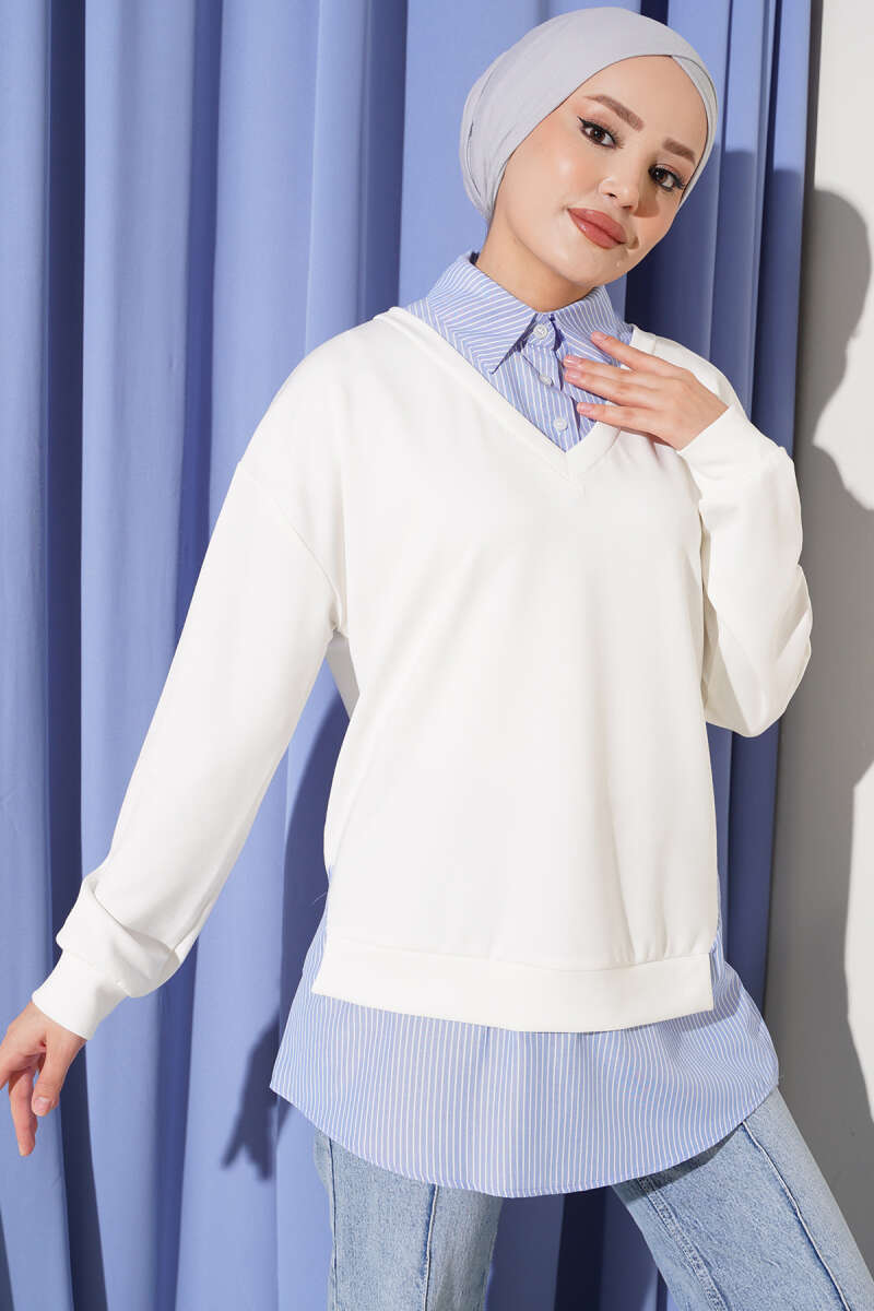 Loycha Shirt-Collar Tunic with Stripe Trim - Ecru