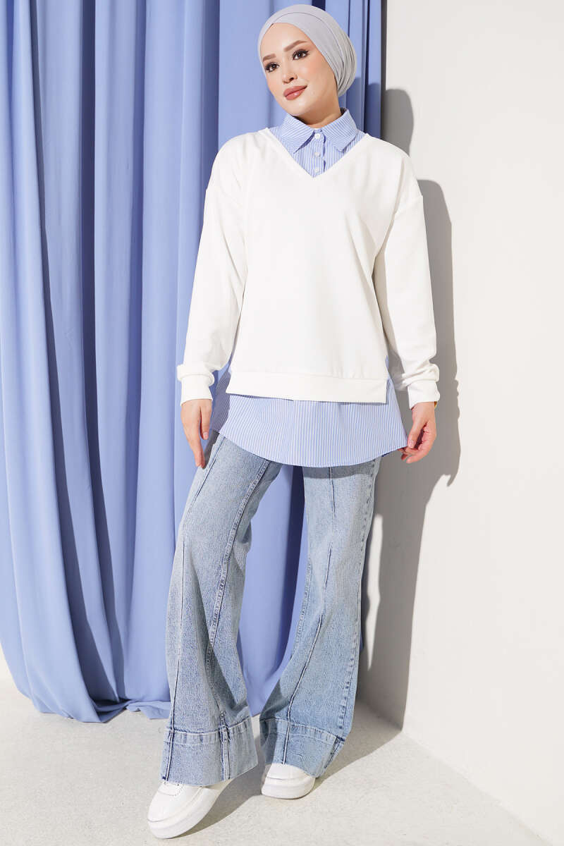 Loycha Shirt-Collar Tunic with Stripe Trim - Ecru