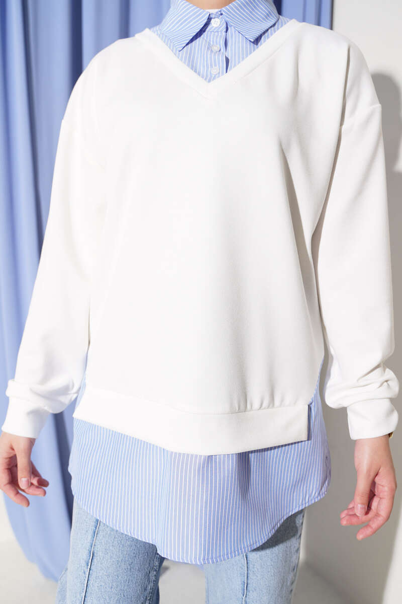 Loycha Shirt-Collar Tunic with Stripe Trim - Ecru