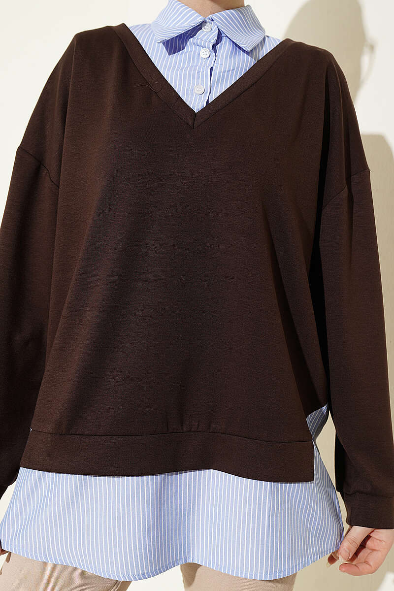 Loycha Shirt-Collar Tunic with Stripe Trim - Brown
