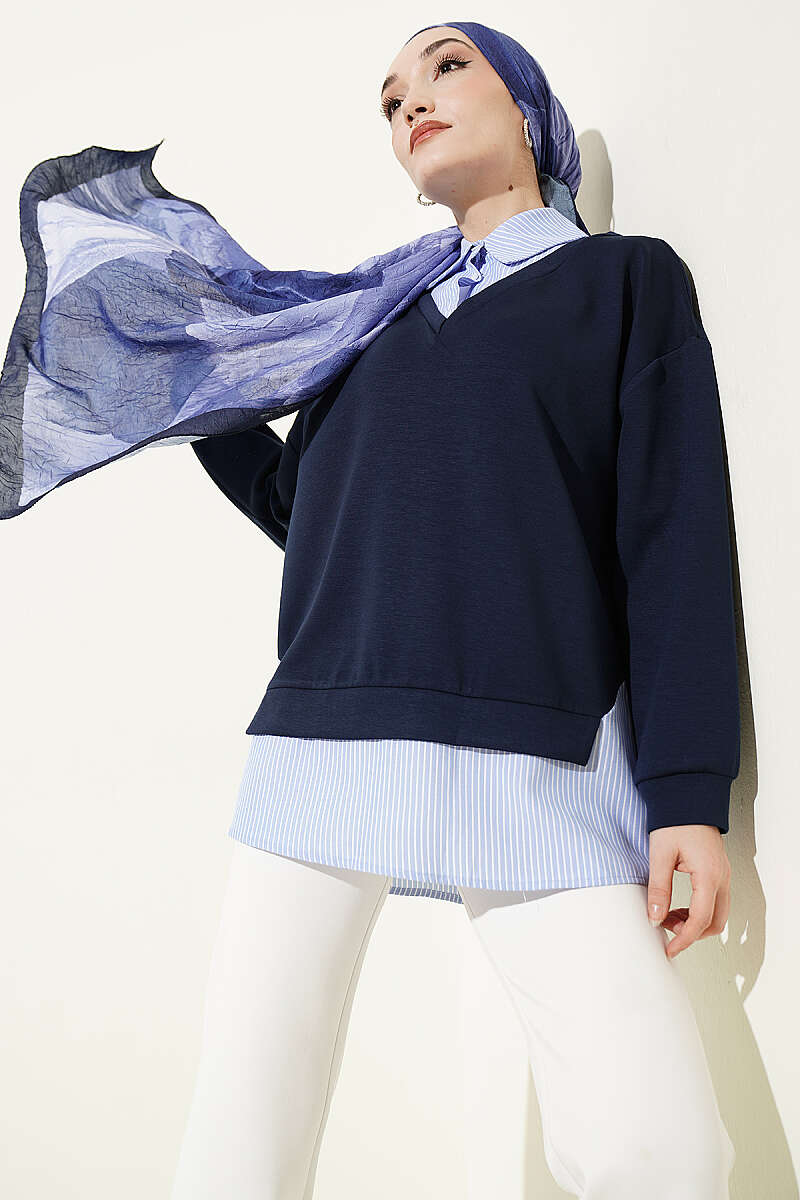 Loycha Shirt-Collar Tunic with Stripe Trim - Navy