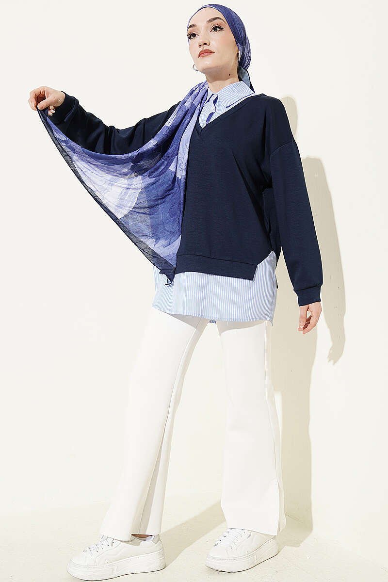 Loycha Shirt-Collar Tunic with Stripe Trim - Navy