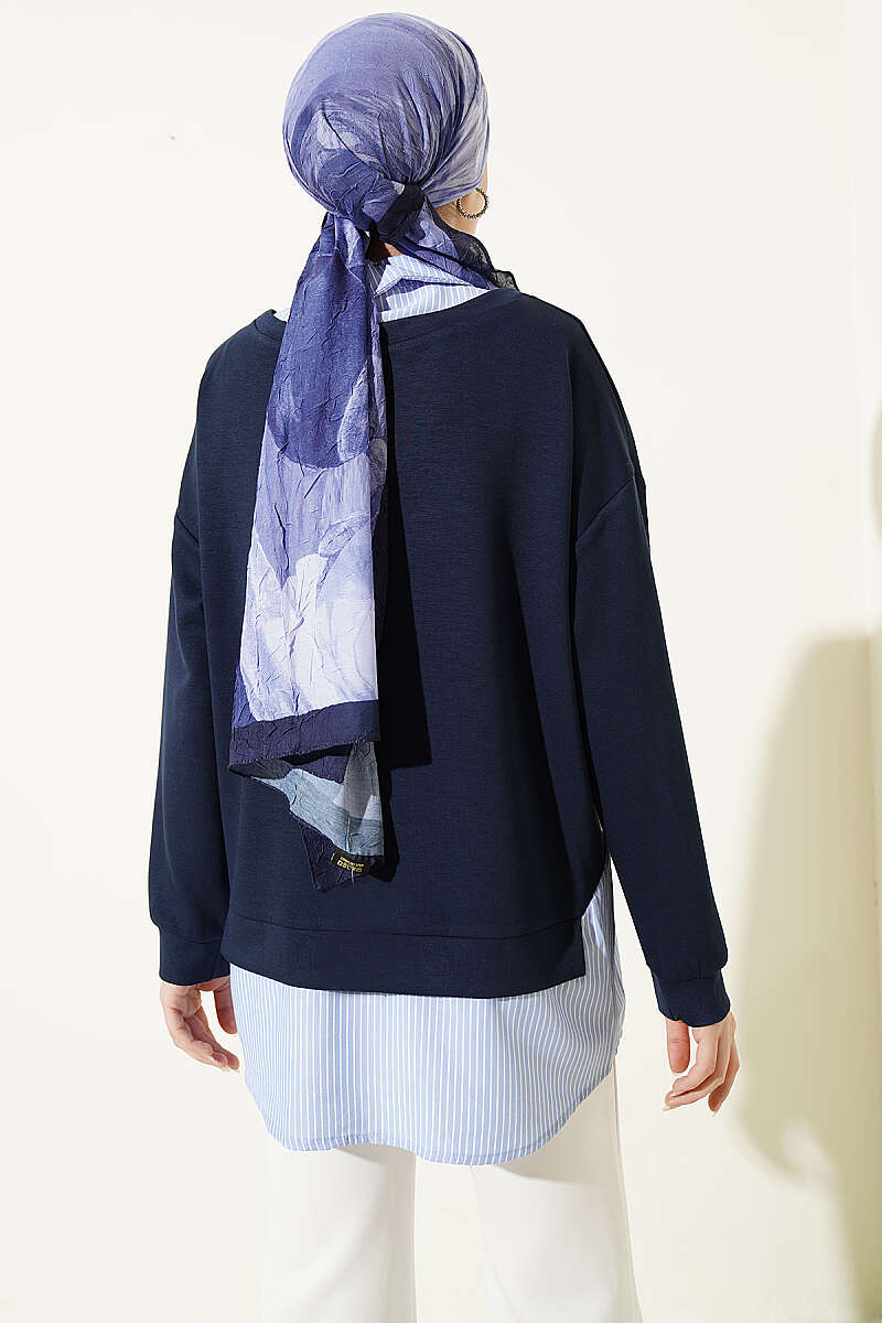 Loycha Shirt-Collar Tunic with Stripe Trim - Navy
