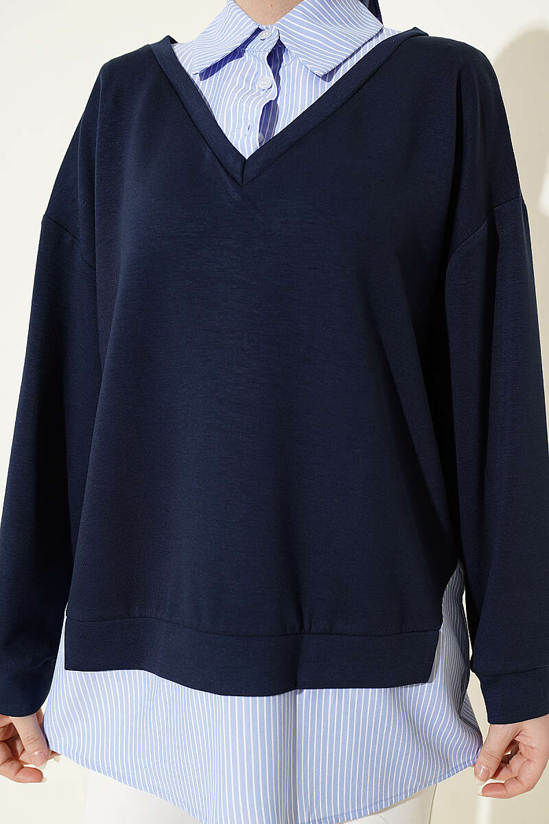 Loycha Shirt-Collar Tunic with Stripe Trim - Navy