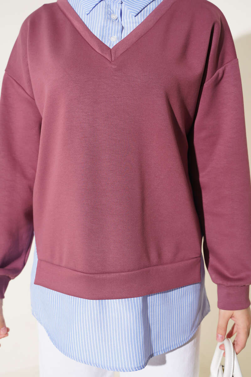 Loycha Shirt-Collar Tunic with Stripe Trim - Magenta