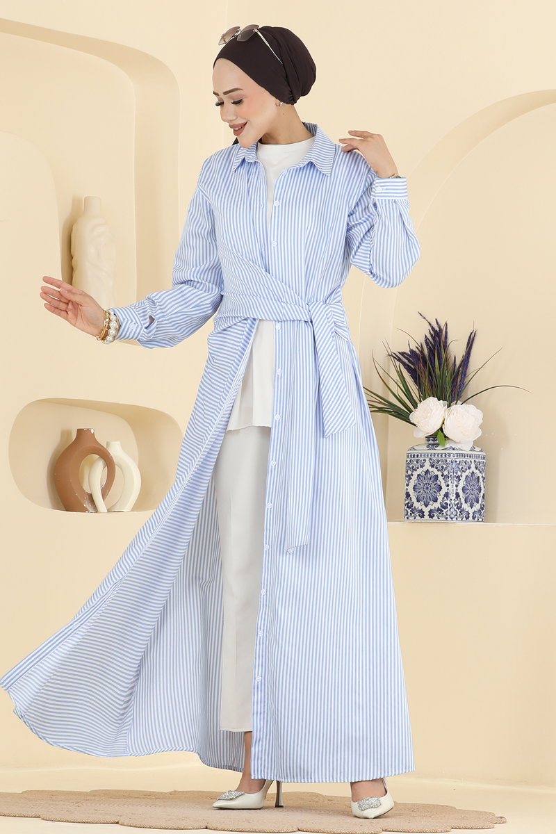 Striped Shirt-Collar Dress - Light Blue