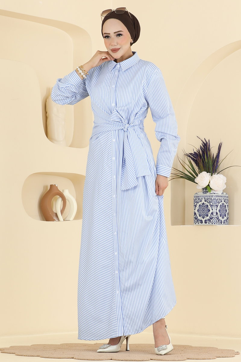 Striped Shirt-Collar Dress - Light Blue