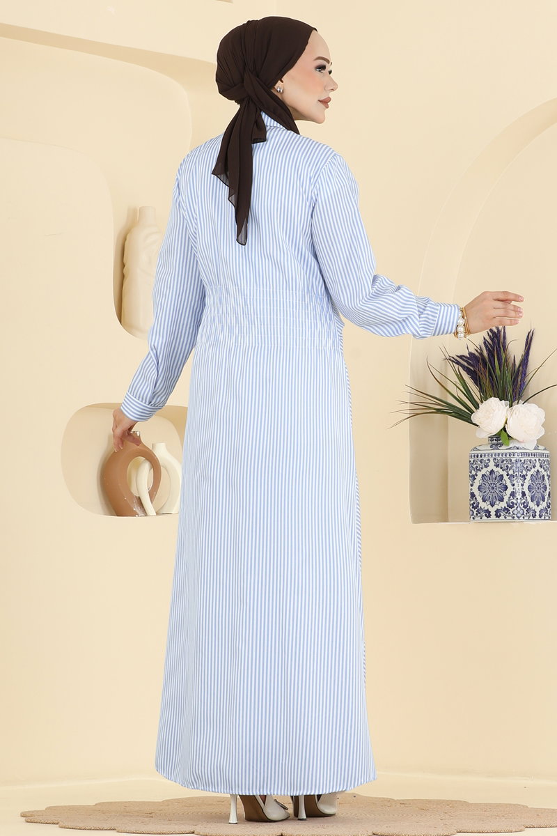 Striped Shirt-Collar Dress - Light Blue