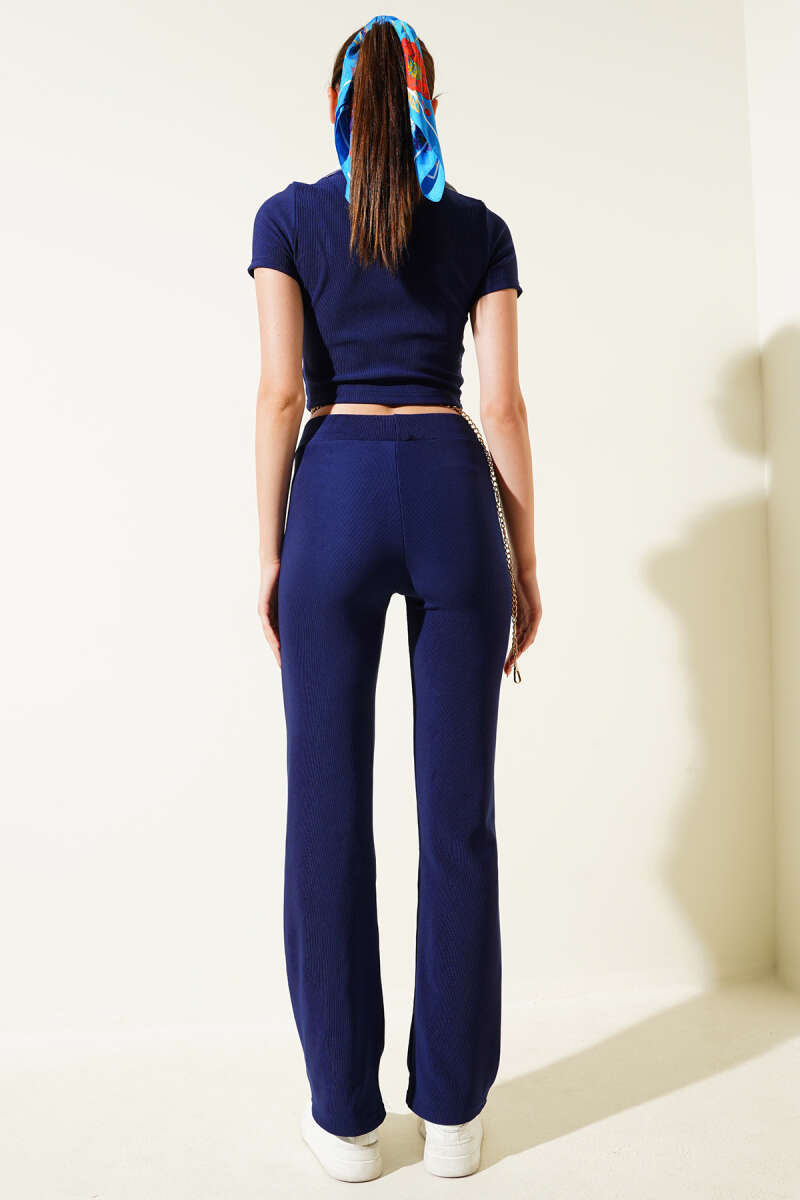 Shirt-Collar Crop Two-Piece Set - Navy
