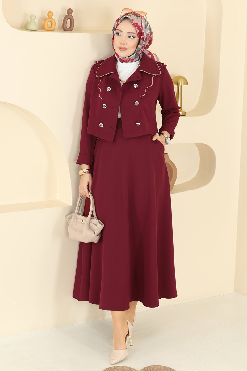 Shirt-Collar Double Knit Set - Burgundy