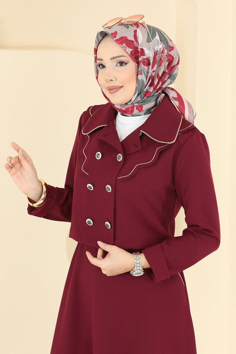 Shirt-Collar Double Knit Set - Burgundy