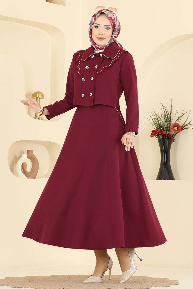 Shirt-Collar Double Knit Set - Burgundy