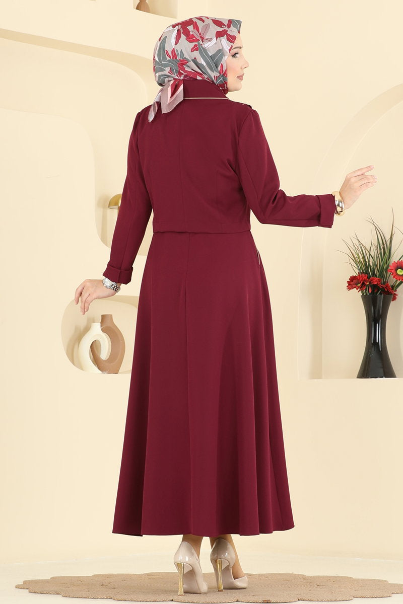Shirt-Collar Double Knit Set - Burgundy