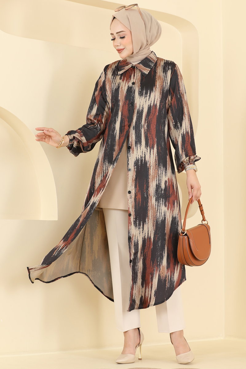 Printed Shirt-Collar Tunic - Brown