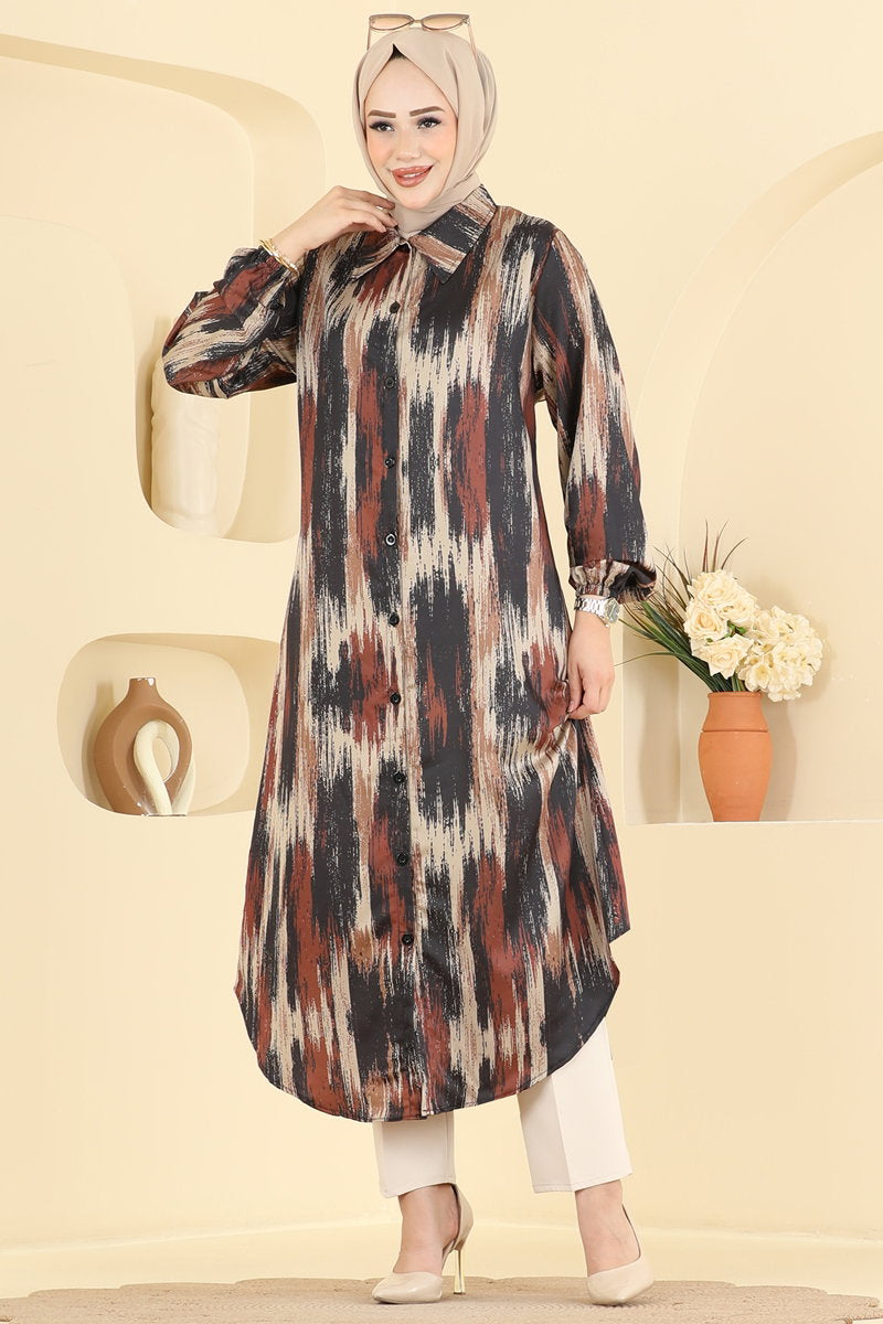 Printed Shirt-Collar Tunic - Brown