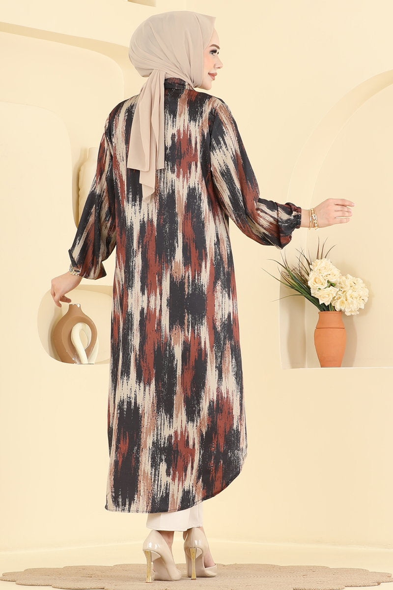 Printed Shirt-Collar Tunic - Brown