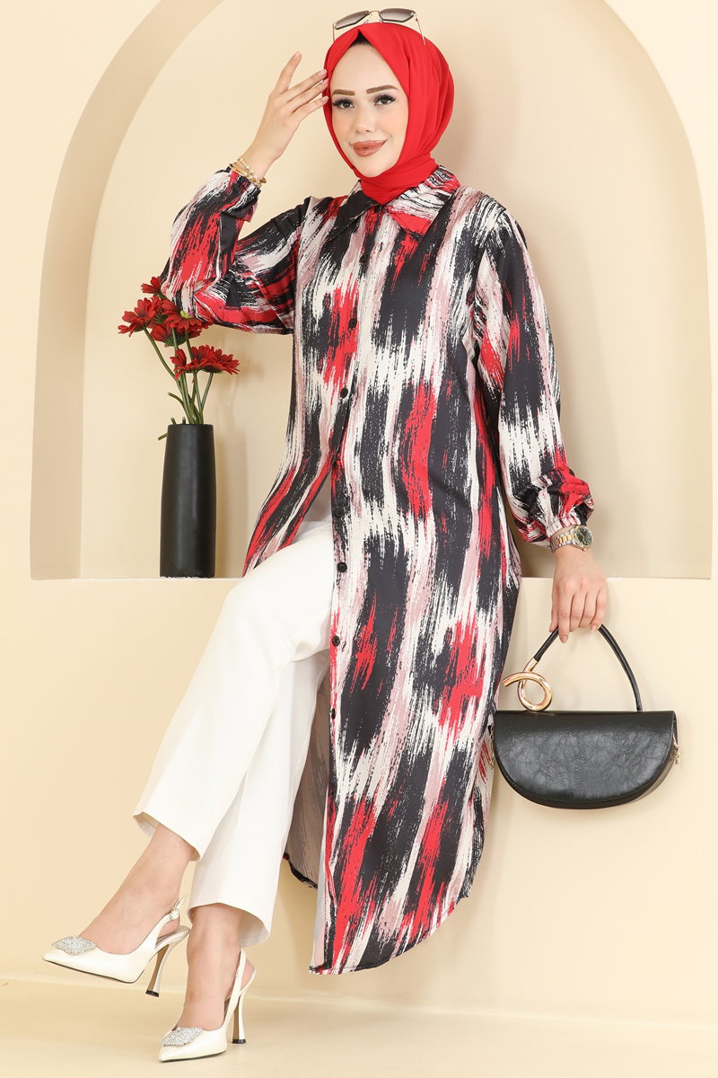 Printed Shirt-Collar Tunic - Red