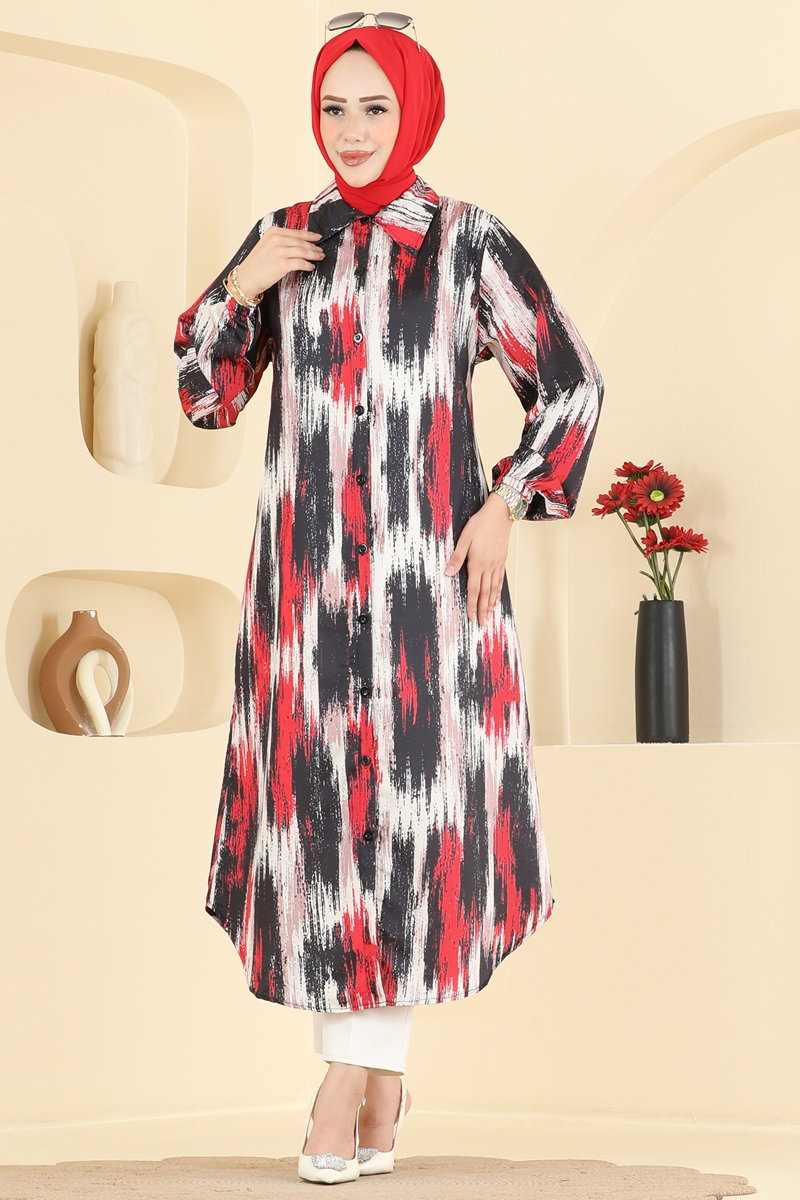 Printed Shirt-Collar Tunic - Red