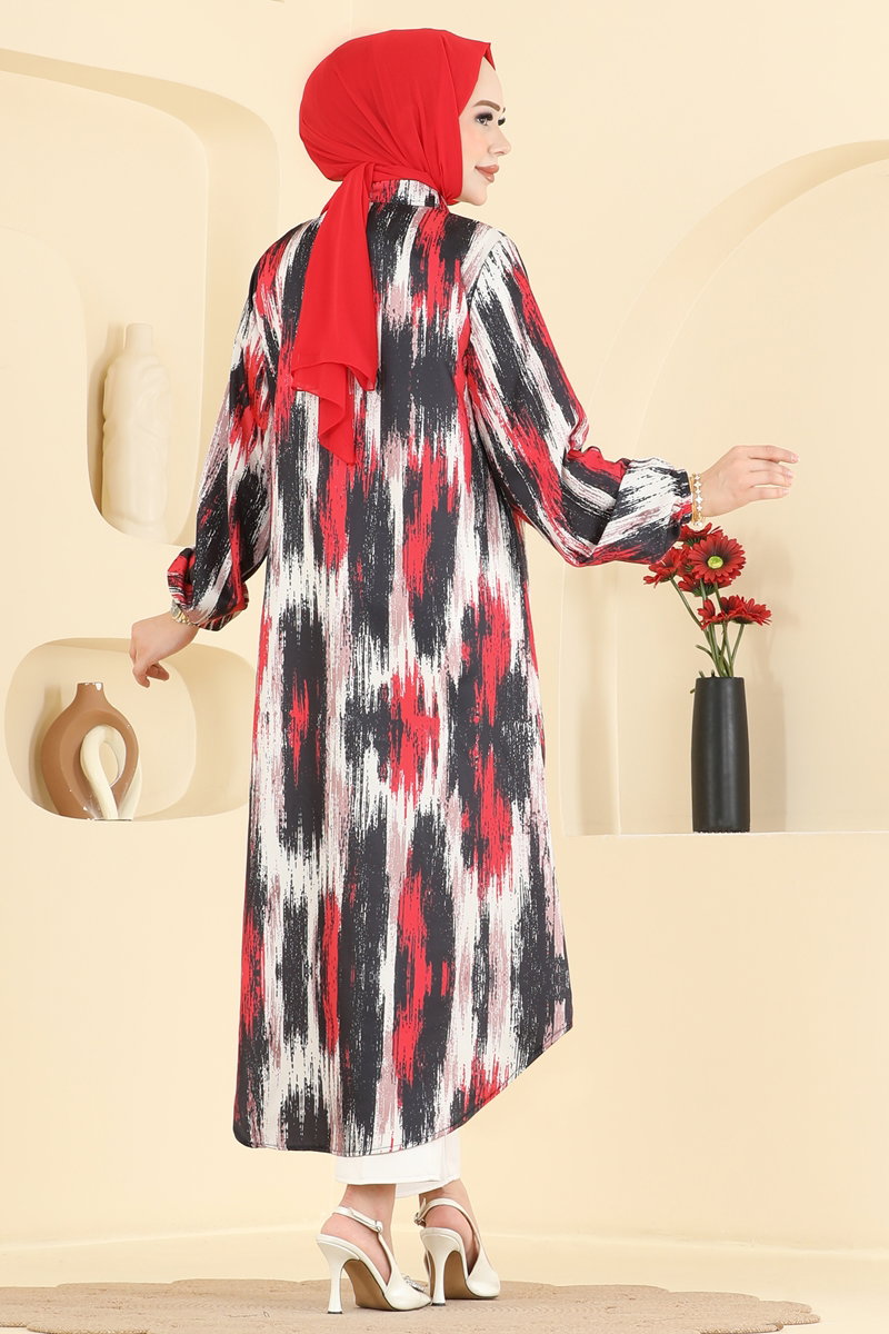 Printed Shirt-Collar Tunic - Red