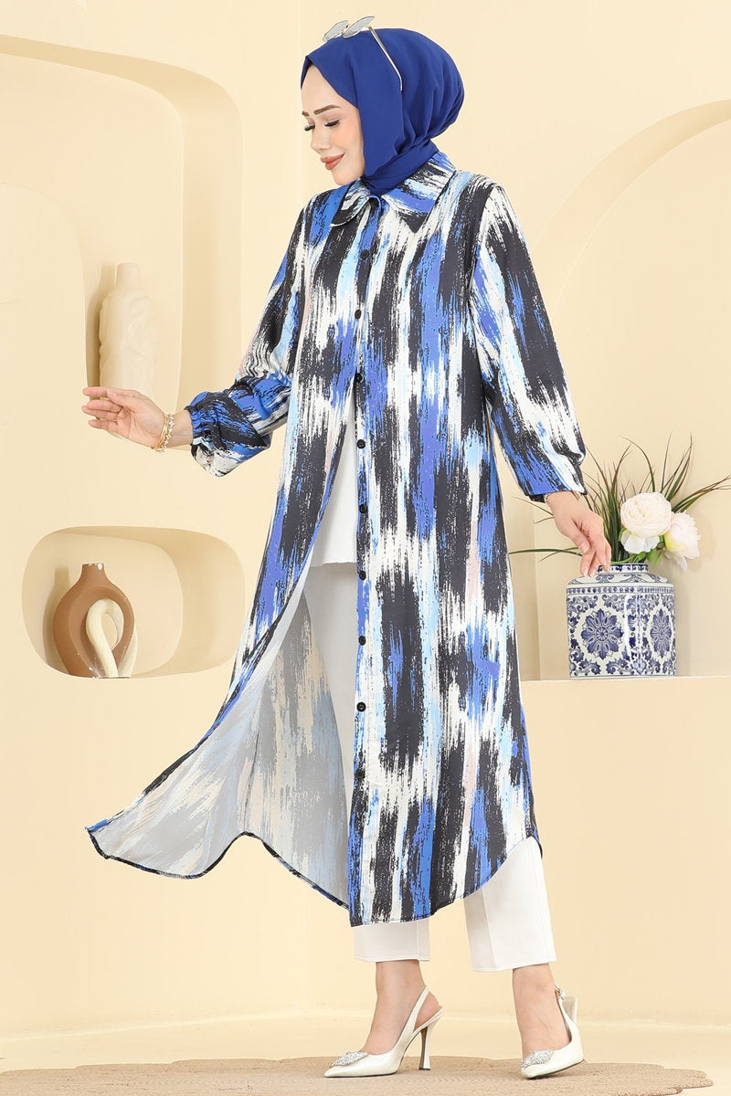 Printed Shirt-Collar Tunic - Saxe Blue
