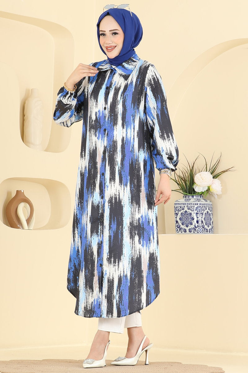 Printed Shirt-Collar Tunic - Saxe Blue