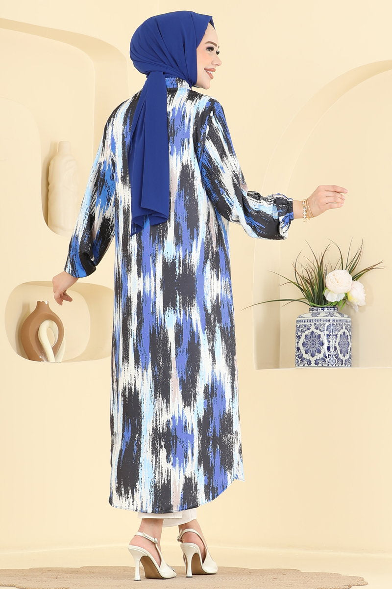 Printed Shirt-Collar Tunic - Saxe Blue