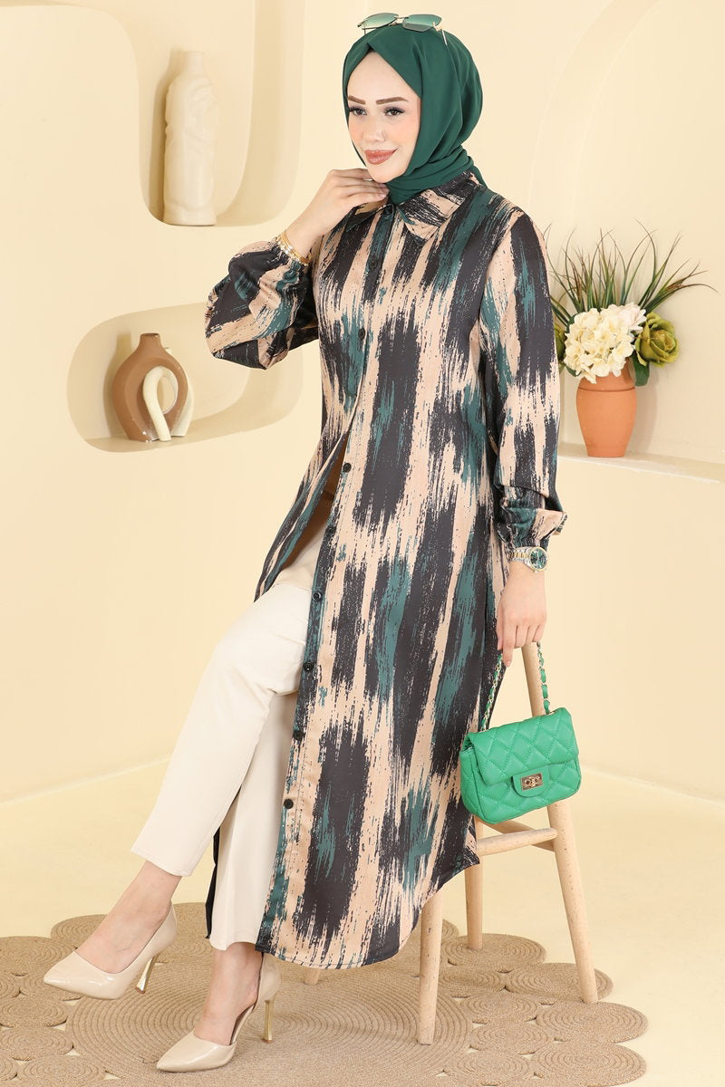 Printed Shirt-Collar Tunic - Emerald