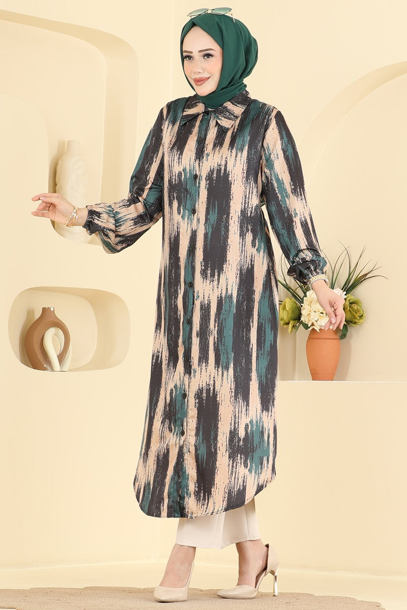 Printed Shirt-Collar Tunic - Emerald