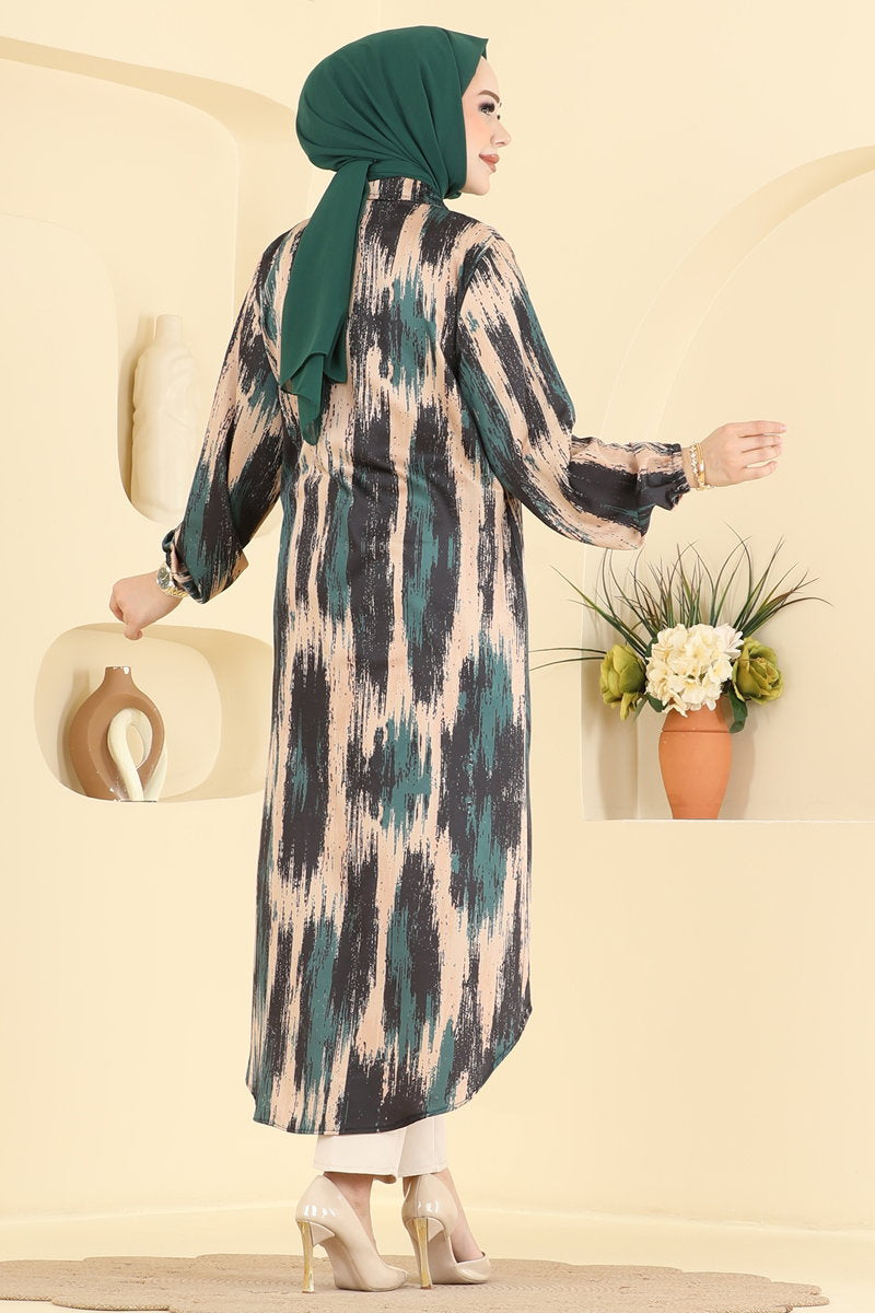 Printed Shirt-Collar Tunic - Emerald