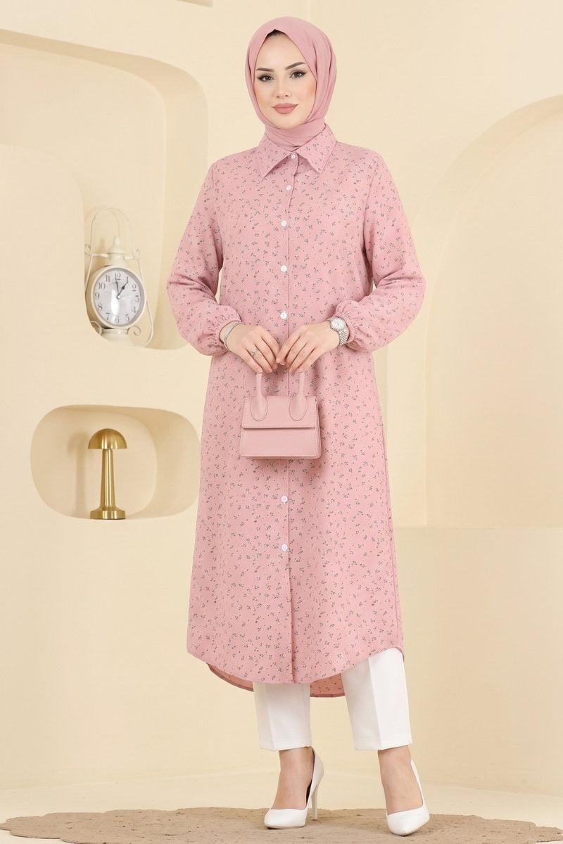 Patterned Shirt-Collar Tunic - Dusty Rose