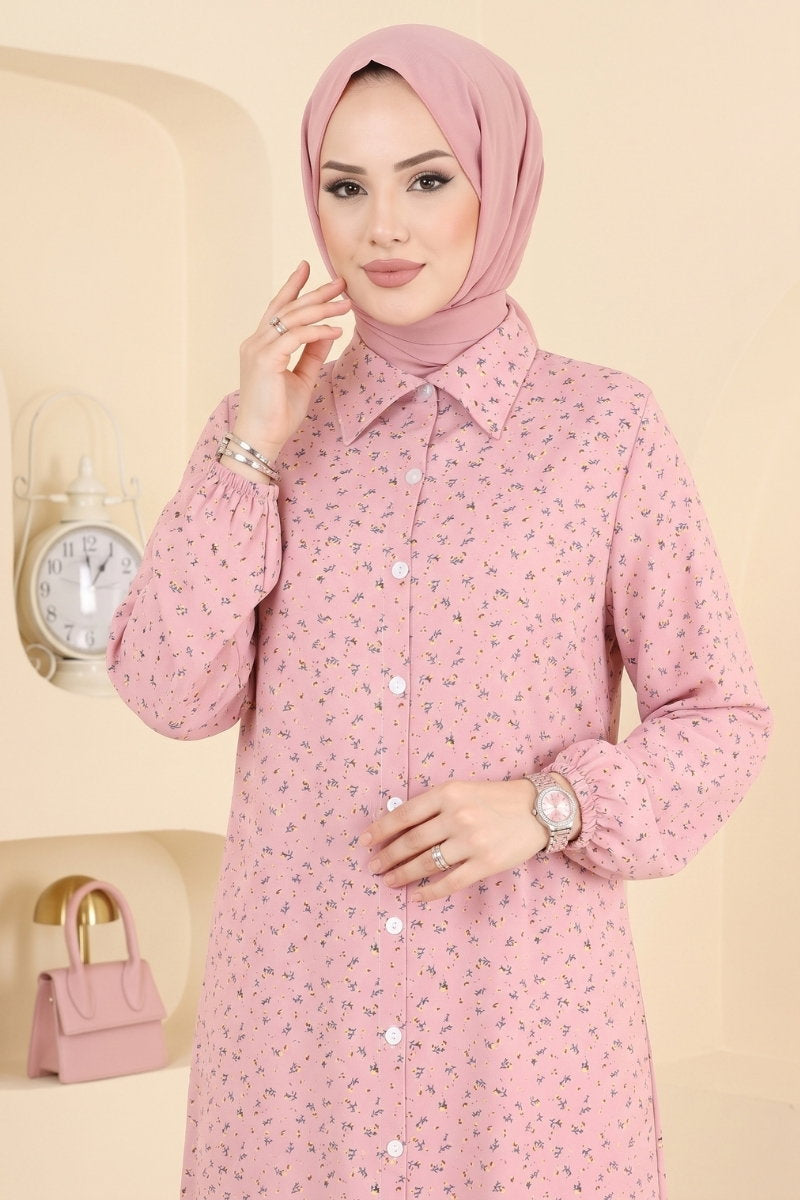 Patterned Shirt-Collar Tunic - Dusty Rose