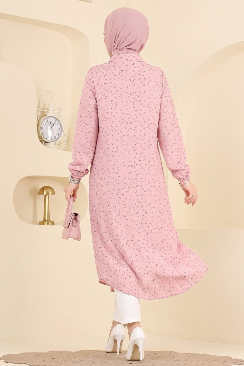 Patterned Shirt-Collar Tunic - Dusty Rose