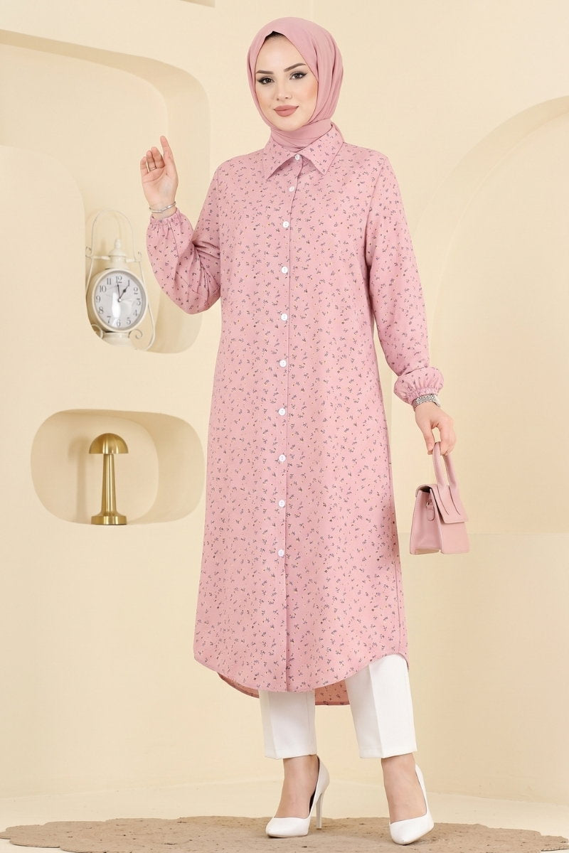 Patterned Shirt-Collar Tunic - Dusty Rose