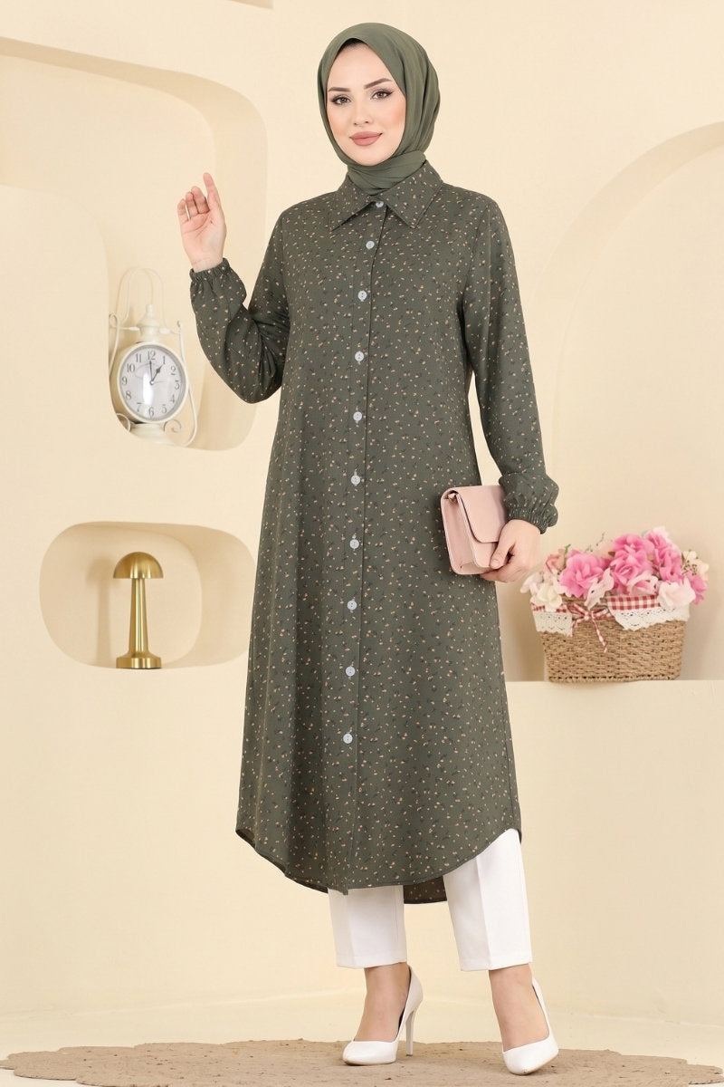 Patterned Shirt-Collar Tunic - Khaki