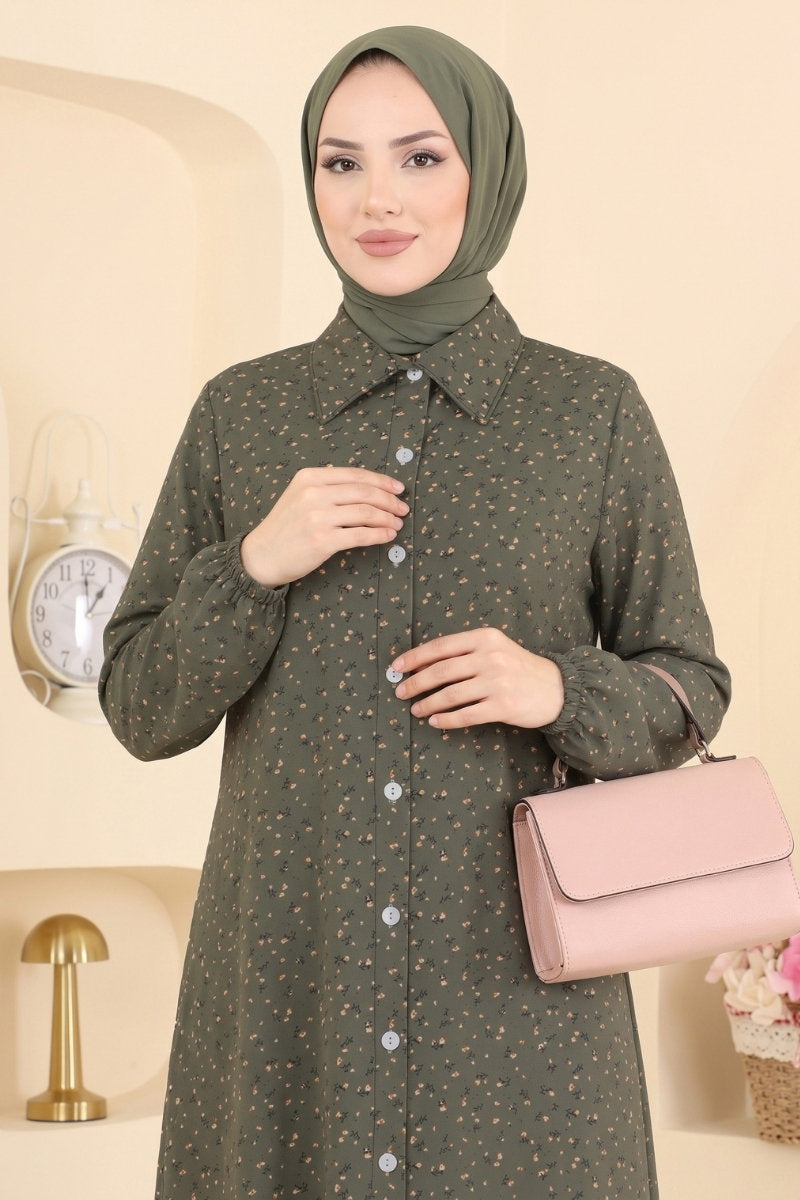 Patterned Shirt-Collar Tunic - Khaki