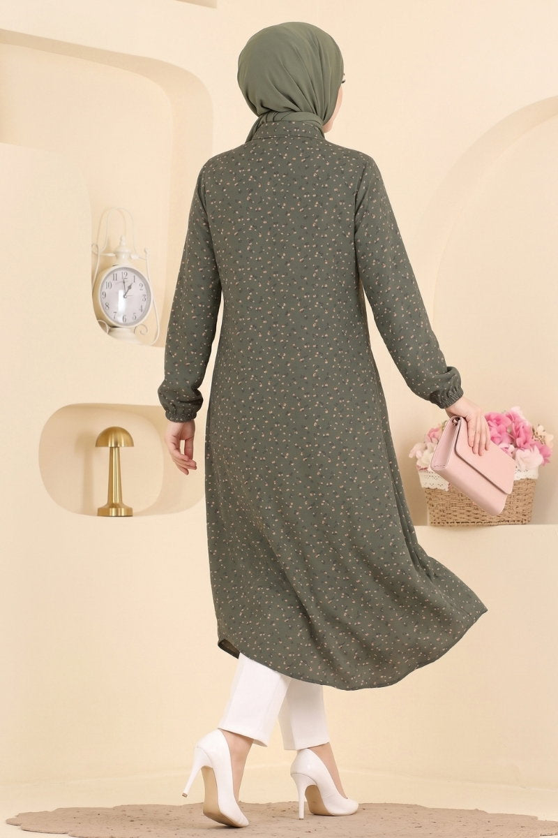 Patterned Shirt-Collar Tunic - Khaki