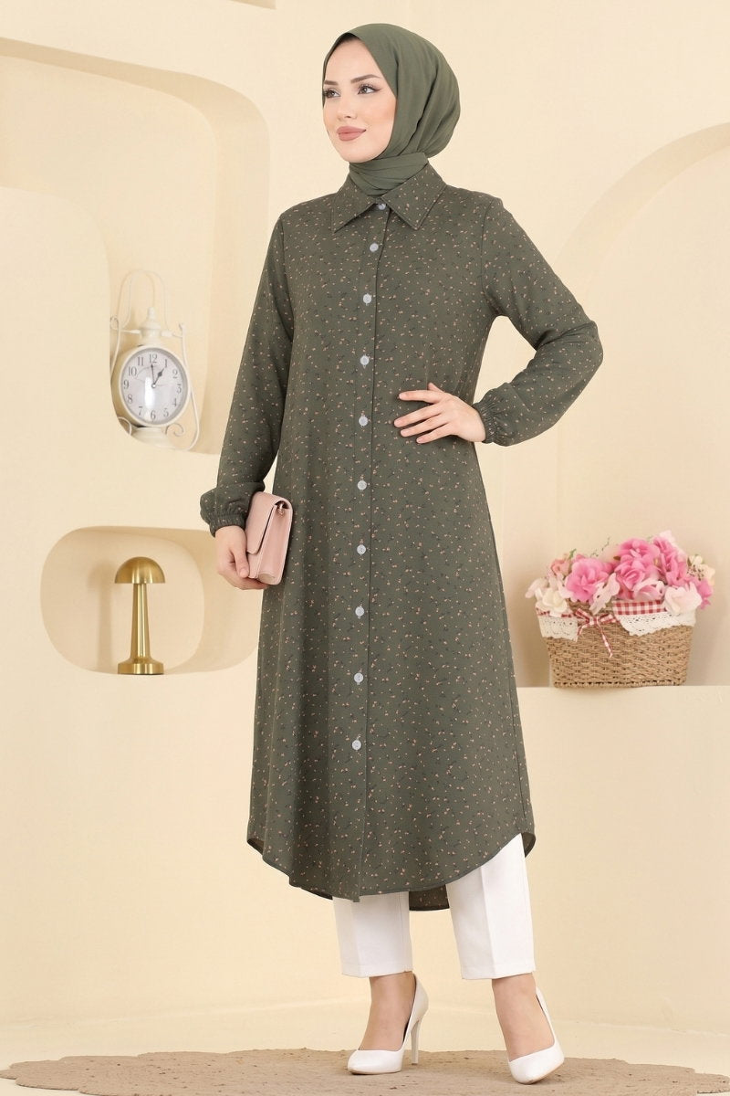 Patterned Shirt-Collar Tunic - Khaki