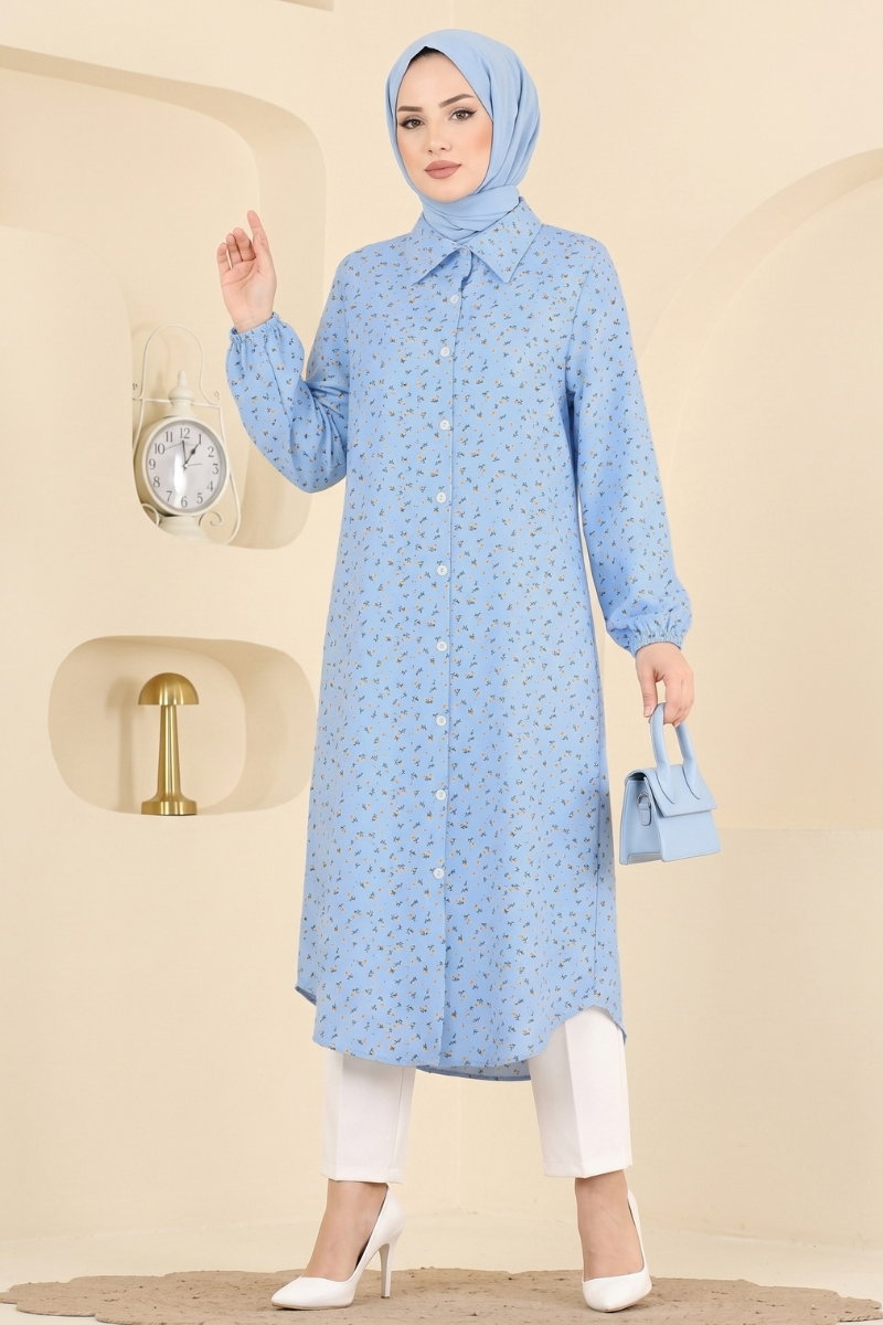 Patterned Shirt-Collar Tunic - Blue