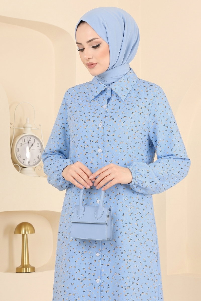 Patterned Shirt-Collar Tunic - Blue