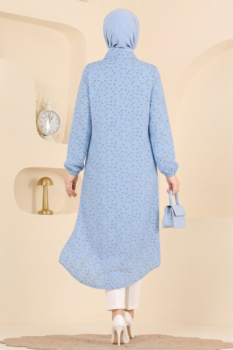 Patterned Shirt-Collar Tunic - Blue