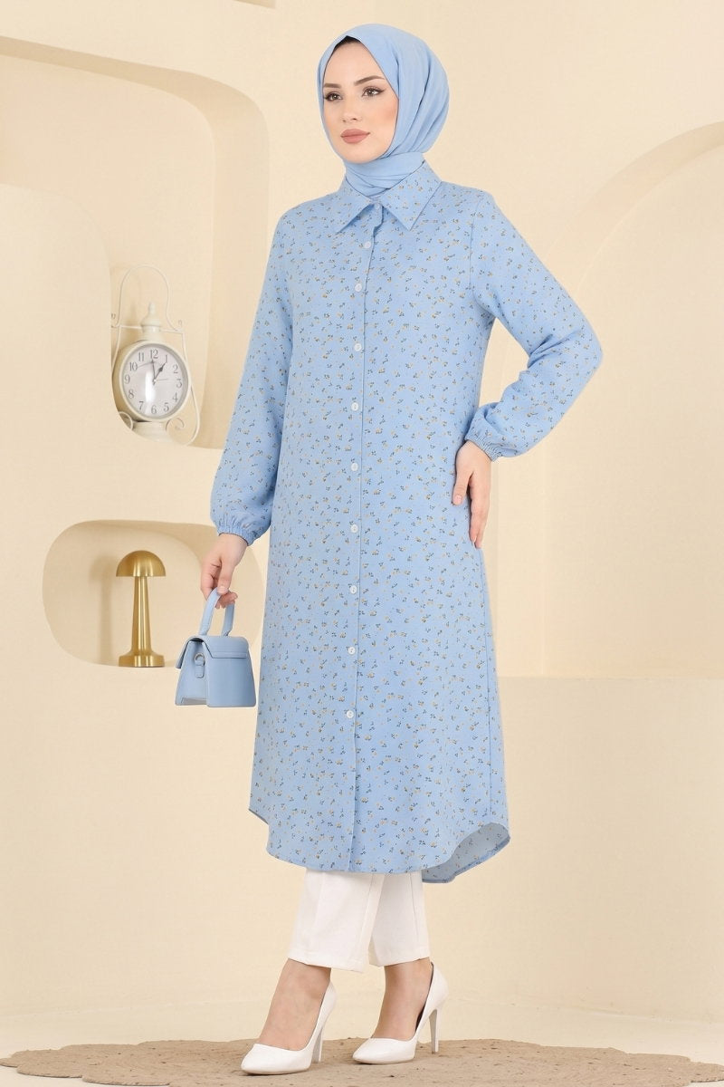 Patterned Shirt-Collar Tunic - Blue
