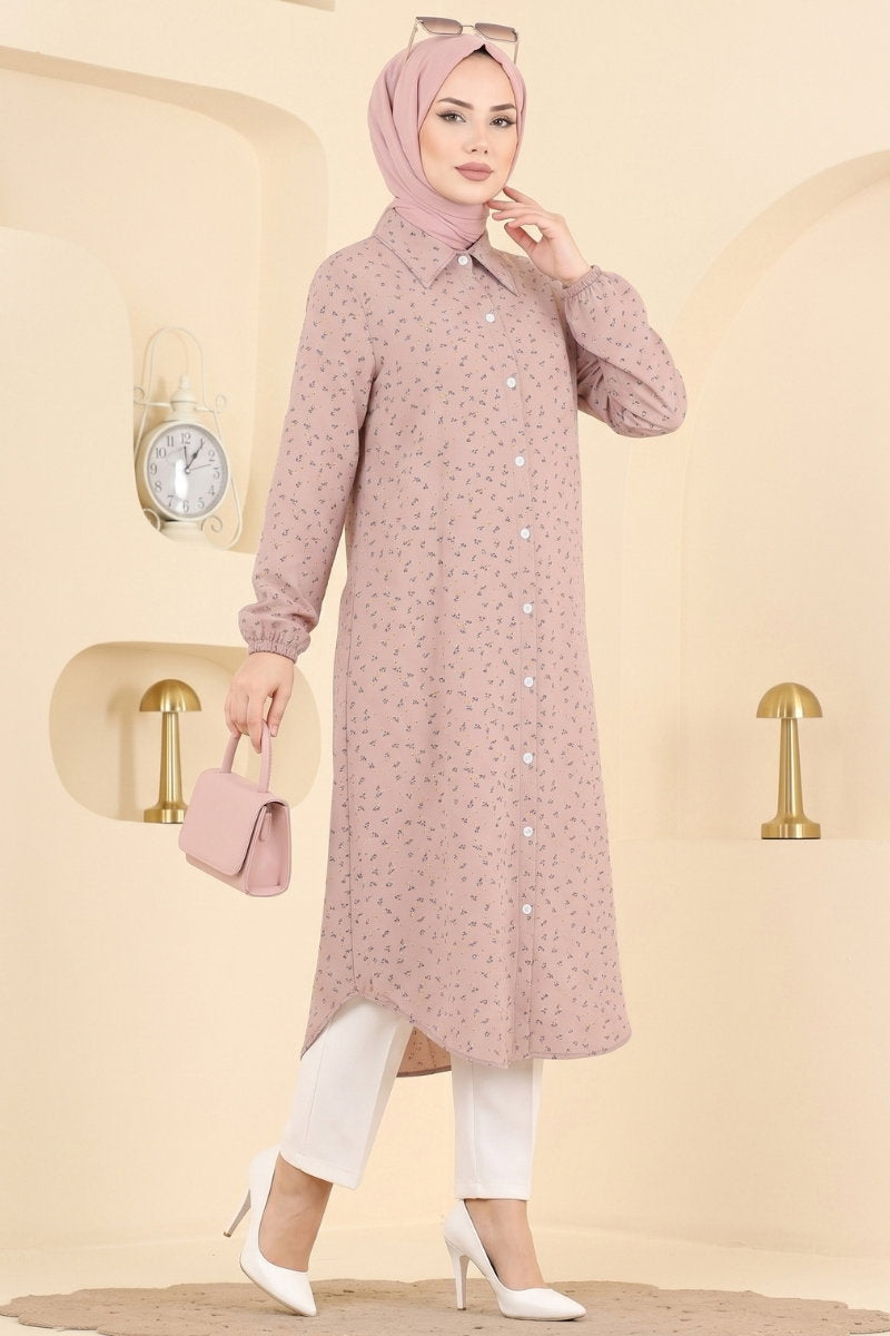 Patterned Shirt-Collar Tunic - Powder-Mink