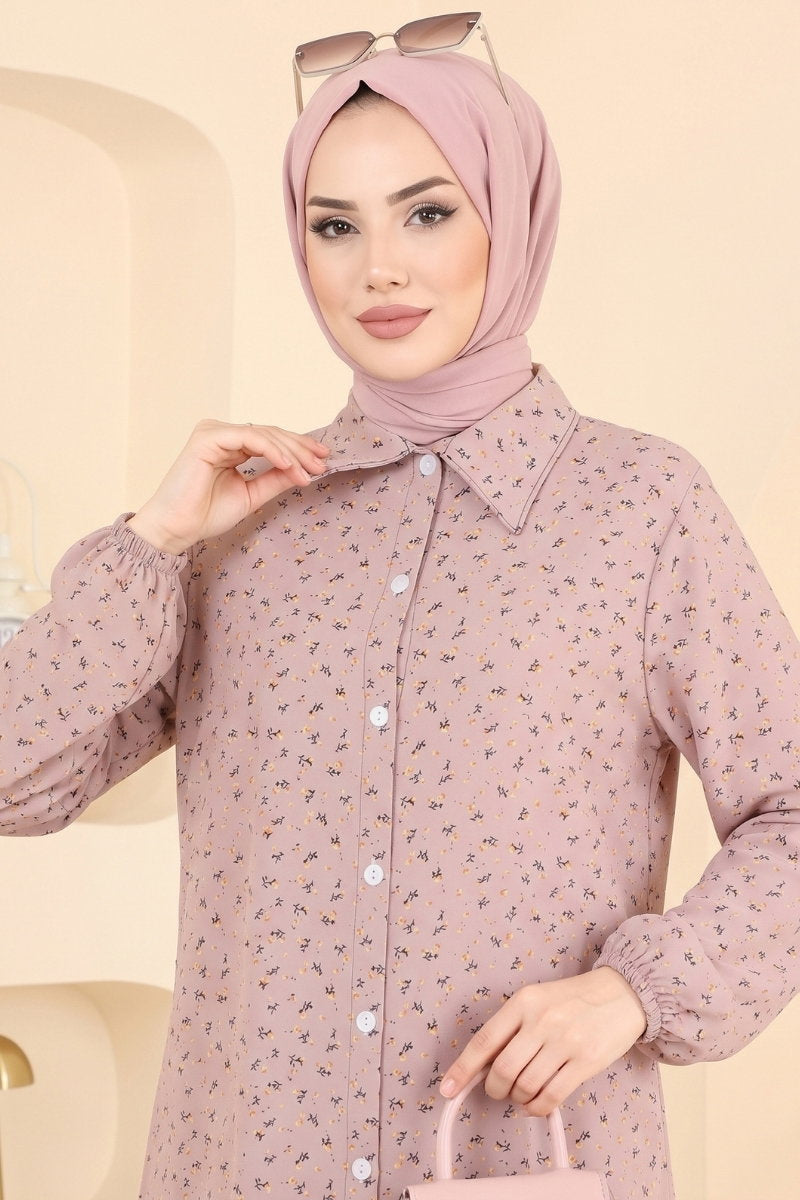 Patterned Shirt-Collar Tunic - Powder-Mink