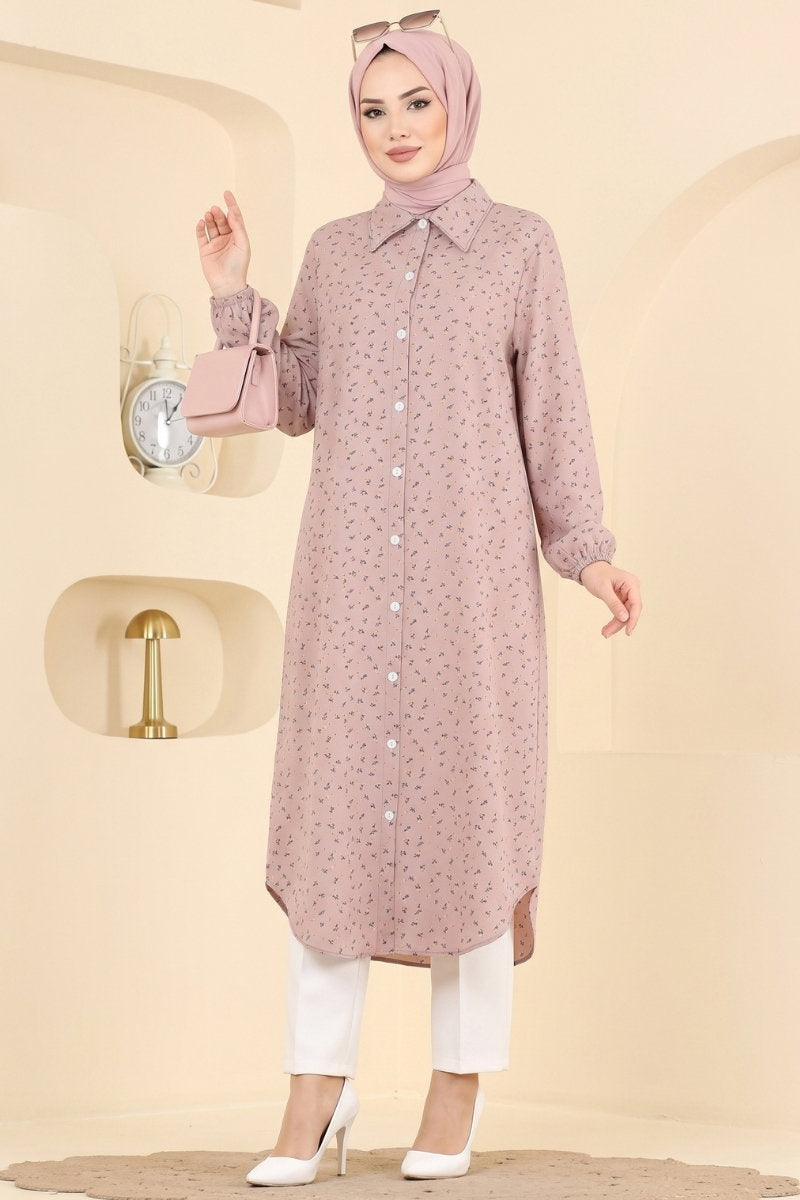 Patterned Shirt-Collar Tunic - Powder-Mink