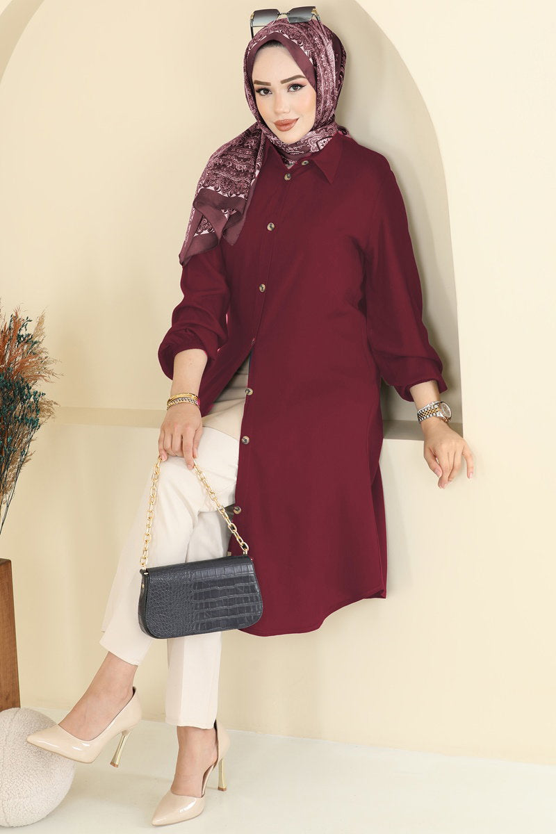 Viscose Tunic with Shirt Collar - Burgundy